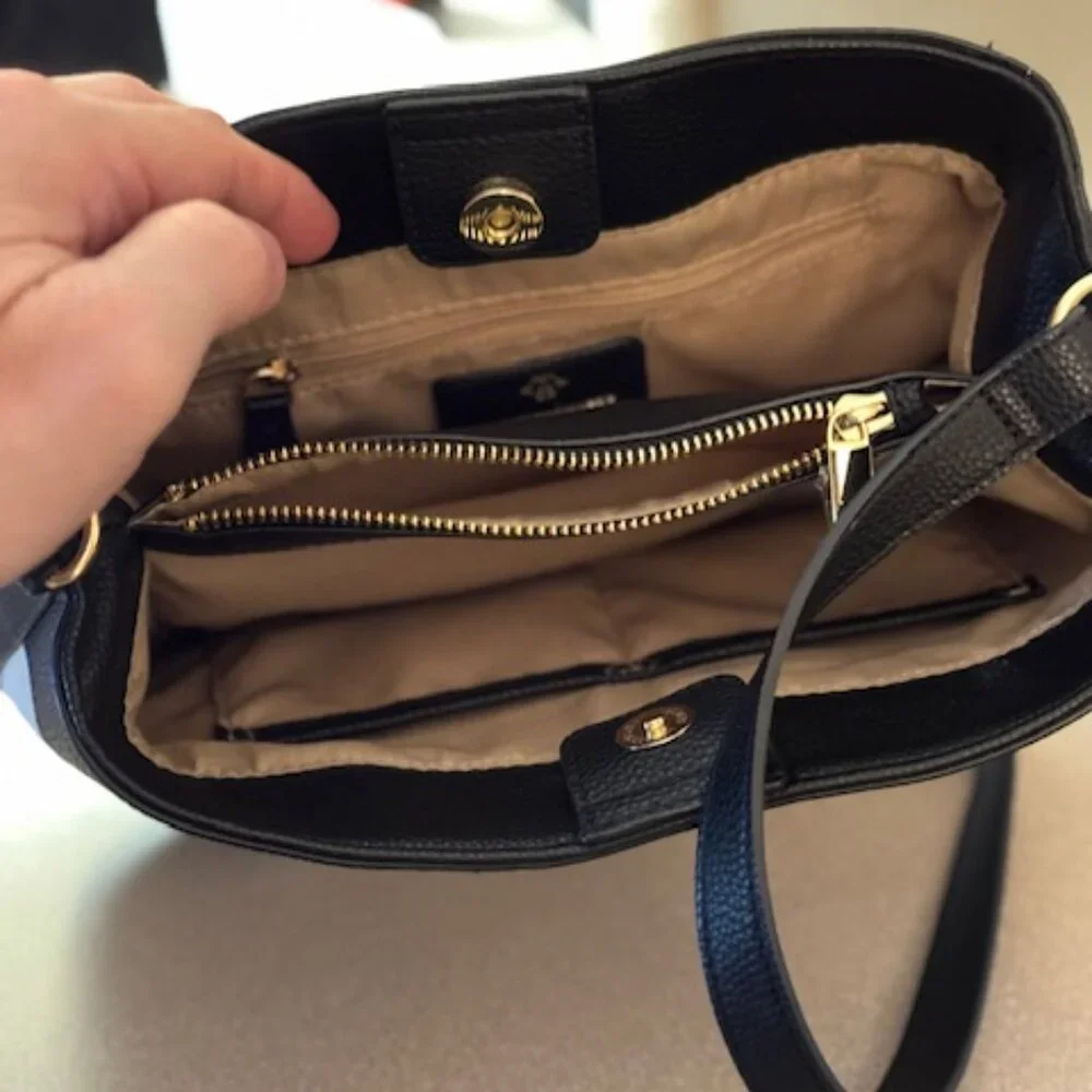 Nanette Lepore black leather and beige canvas shoulder handbag (#102) - Picture 5 of 8